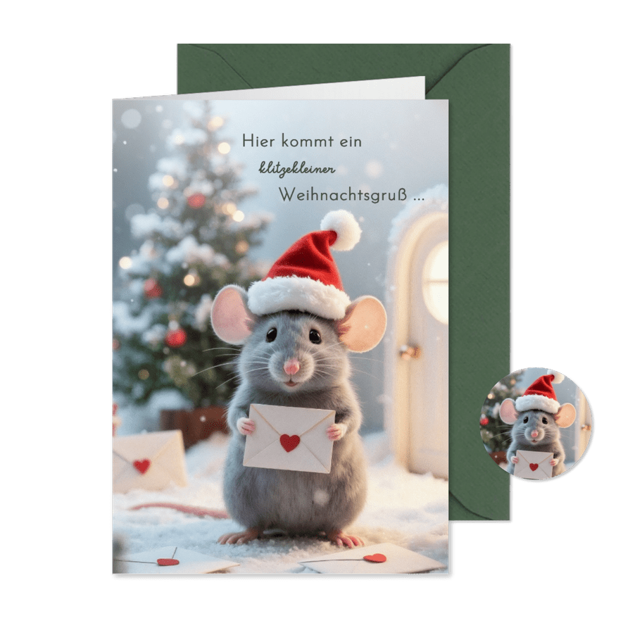 Ein klitzekleiner Weihnachtsgruß Maus mit Brief und Mütze - Karteneindruck
