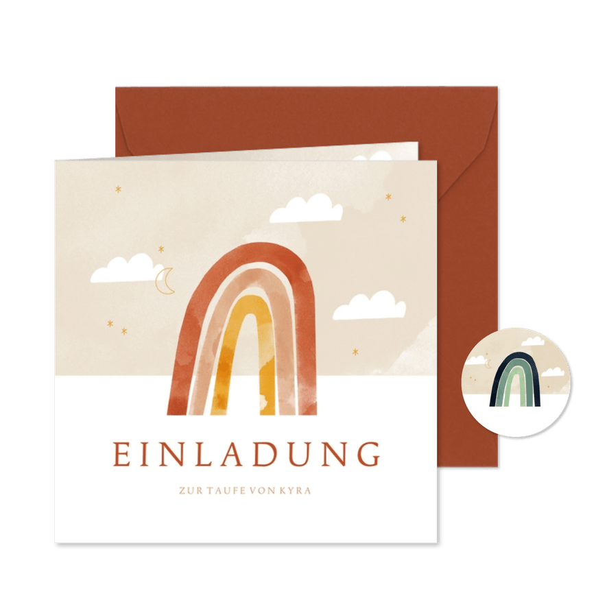 Einadungskarte zur Taufe orangener Regenbogen & Wolken - Karteneindruck
