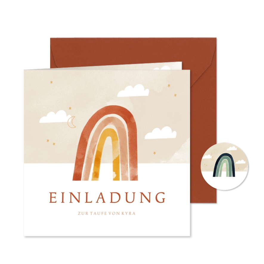 Einadungskarte zur Taufe orangener Regenbogen & Wolken - Kartenvorschau
