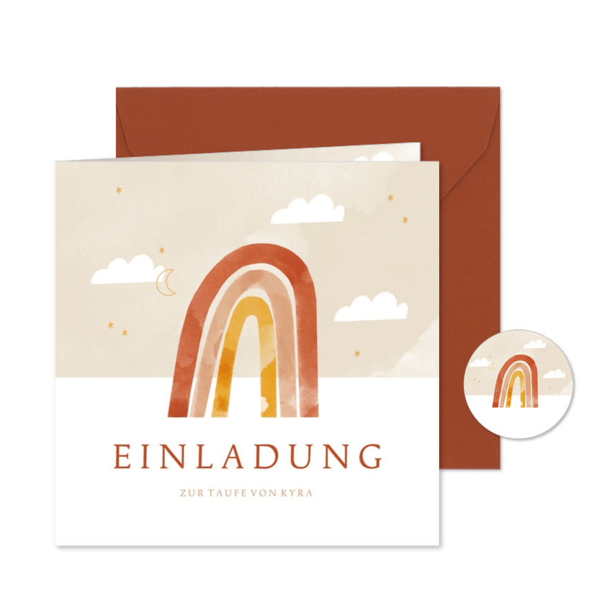 Einadungskarte zur Taufe orangener Regenbogen & Wolken - Karteneindruck