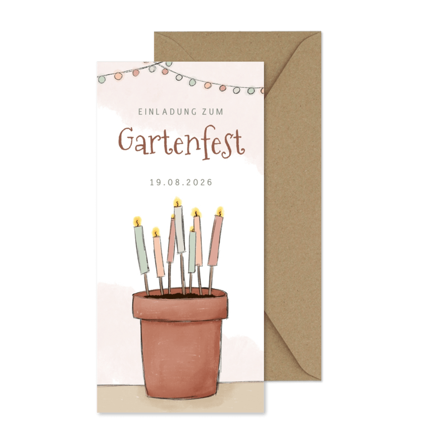 Einaldungskarte Gartenfest Blumentopf mit Fackeln - Karteneindruck
