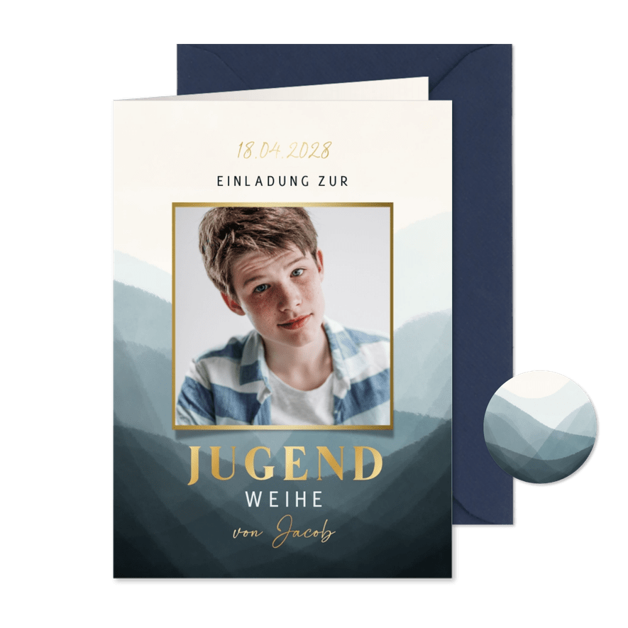 Einaldungskarte Jugendweihe blau, Foto & Gold - Karteneindruck
