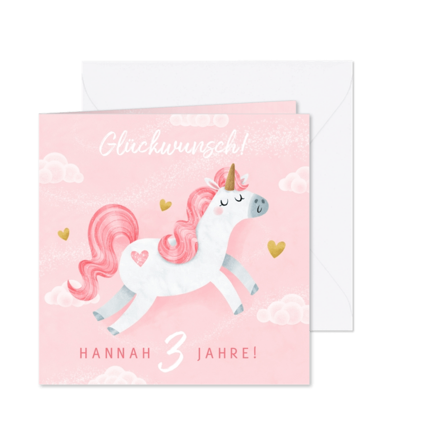 Einhorn Glückwunschkarte 3. Geburtstag rosa Wolken - Karteneindruck