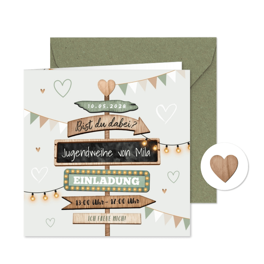 Einladugnskarte zur Jugendweihe Holzschilder - Karteneindruck