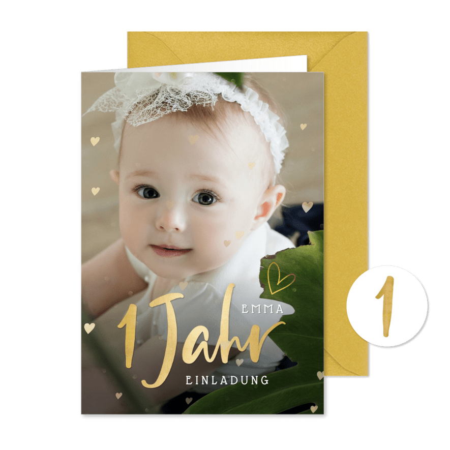 Einladung 1. Geburtstag Foto Goldlook - Karteneindruck
