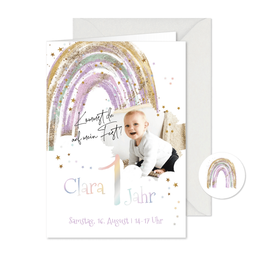 Einladung 1. Geburtstag Foto mit Regenbogen - Karteneindruck

