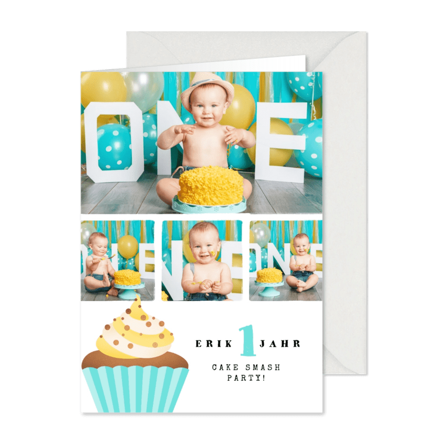 Einladung 1. Geburtstag Fotos & Cupcake blau - Karteneindruck