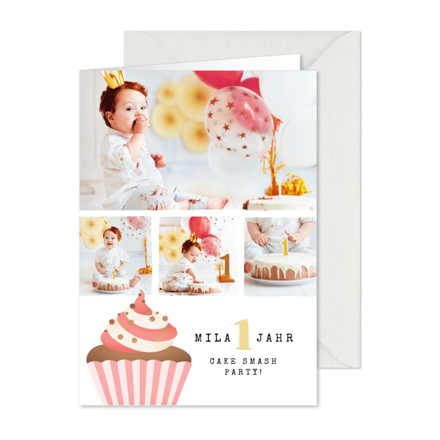 Einladung 1. Geburtstag Fotos & Cupcake rosa - Kartenvorschau
