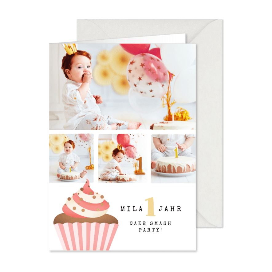 Einladung 1. Geburtstag Fotos & Cupcake rosa - Karteneindruck