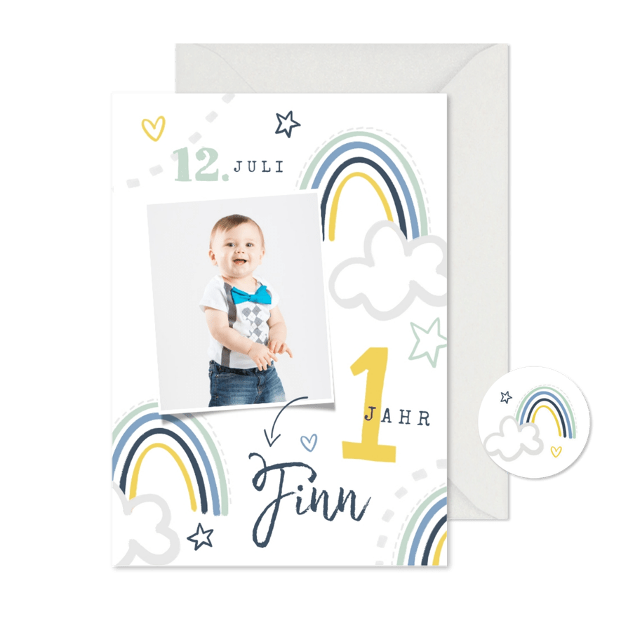 Einladung 1. Geburtstag Junge eigenes Foto & Regenbogen - Karteneindruck