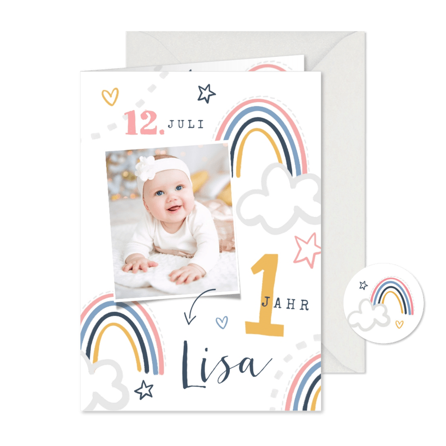 Einladung 1. Geburtstag Mädchen eigenes Foto & Regenbogen - Karteneindruck
