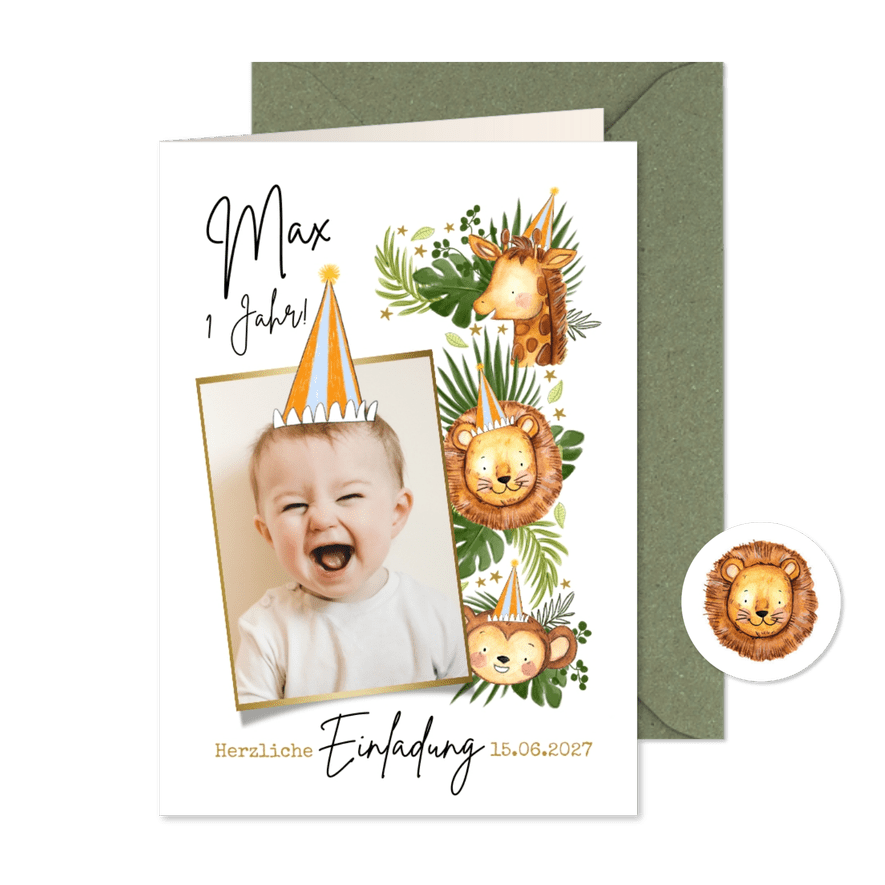 Einladung 1. Geburtstag Wilde Tiere - Karteneindruck