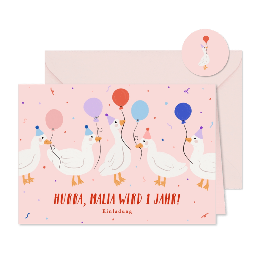 Einladung 1. Kindergeburtstag Gänse mit Partyhut & Ballons - Karteneindruck
