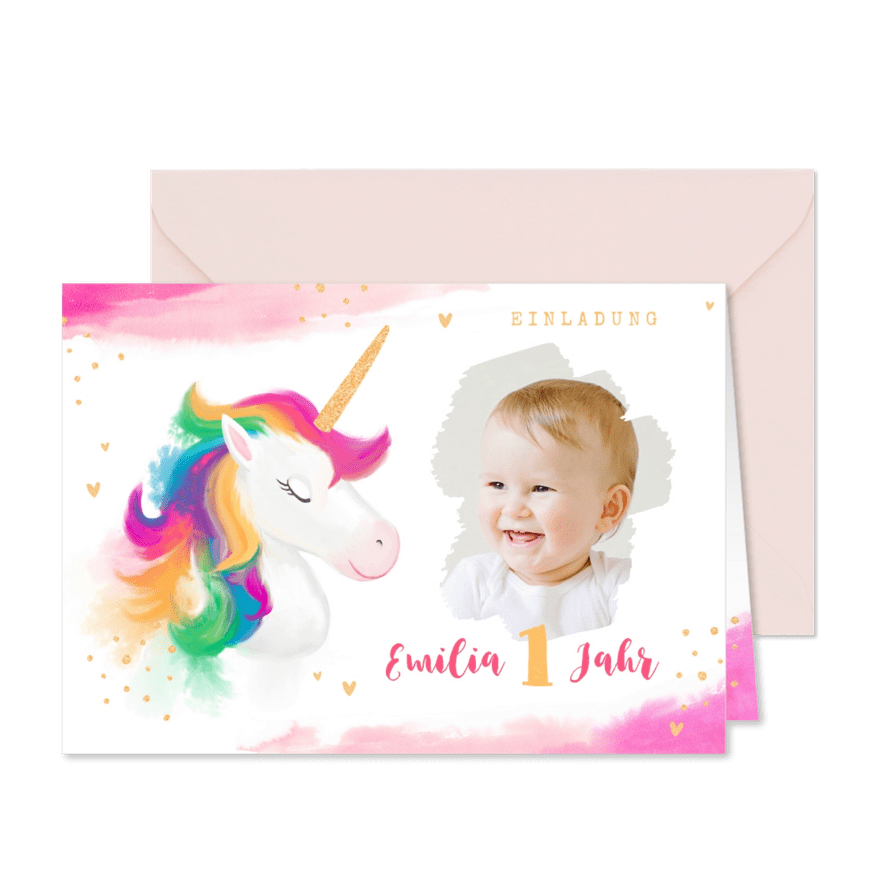Einladung 1. Kindergeburtstag gezeichnetes Einhorn - Karteneindruck
