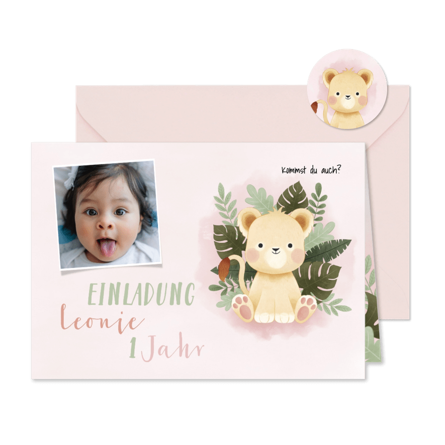 Einladung 1. Kindergeburtstag kleine Löwin und Foto - Karteneindruck
