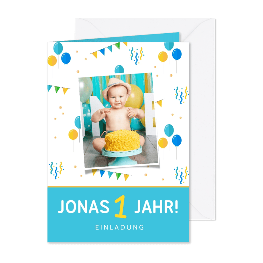 Einladung 1. Kindergeburtstag Luftballons, Konfetti und Foto - Karteneindruck