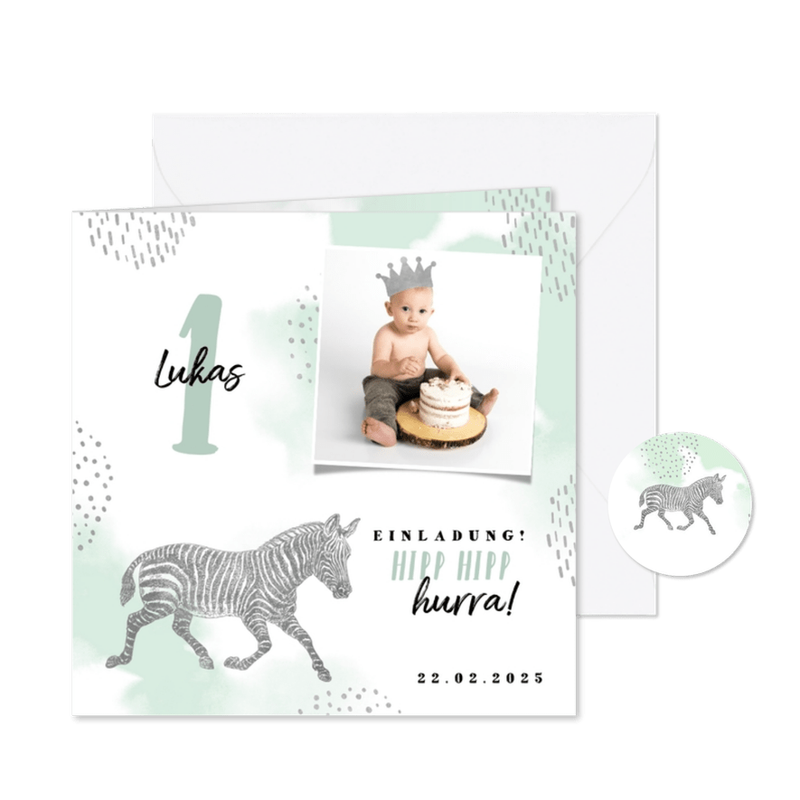 Einladung 1. Kindergeburtstag mit Foto, Zebra und Krone - Karteneindruck
