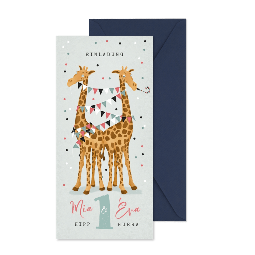 Einladung 1. Kindergeburtstag Zwilling lustige Giraffen - Karteneindruck
