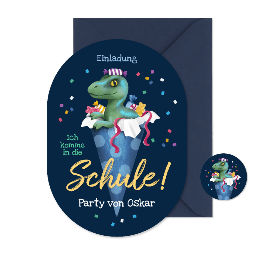 Einladung 1. Schultag Dino Raptor in Schultüte - Karteneindruck
