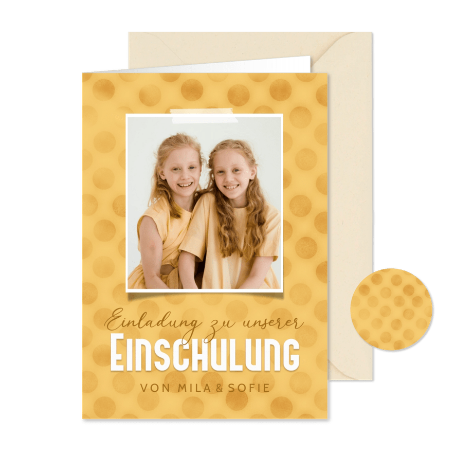 Einladung 1. Schultag Zwilling Fotos & gelbe Tupfen - Karteneindruck
