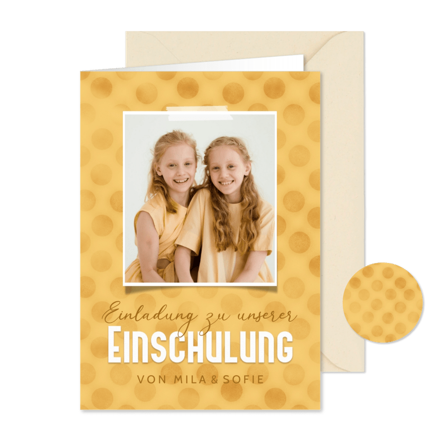 Einladung 1. Schultag Zwilling Fotos & gelbe Tupfen - Karteneindruck