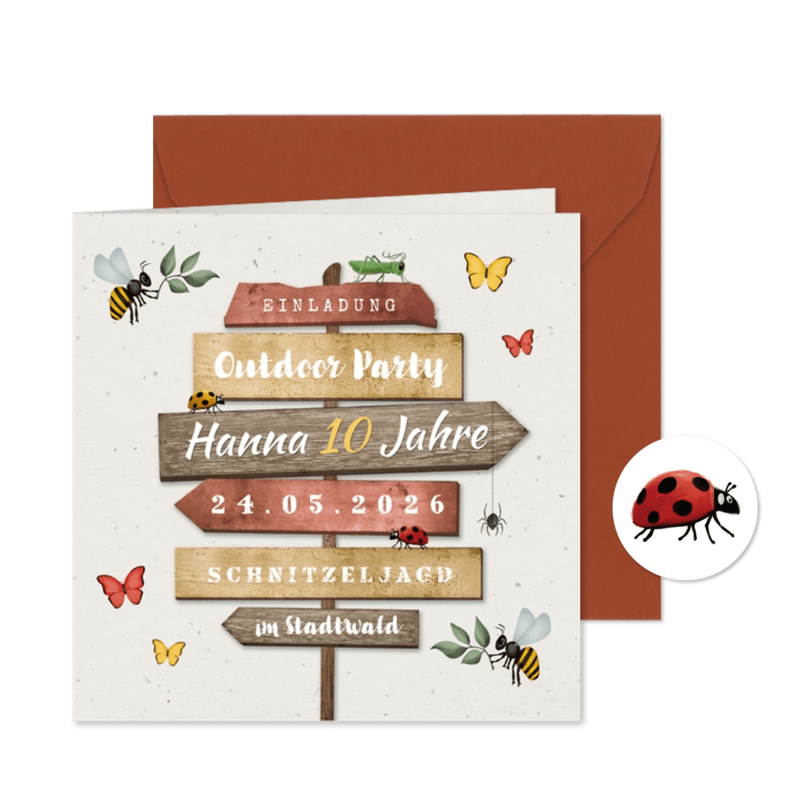 Einladung 10. Kindergeburtstag braun Outdoor Insekten - Karteneindruck
