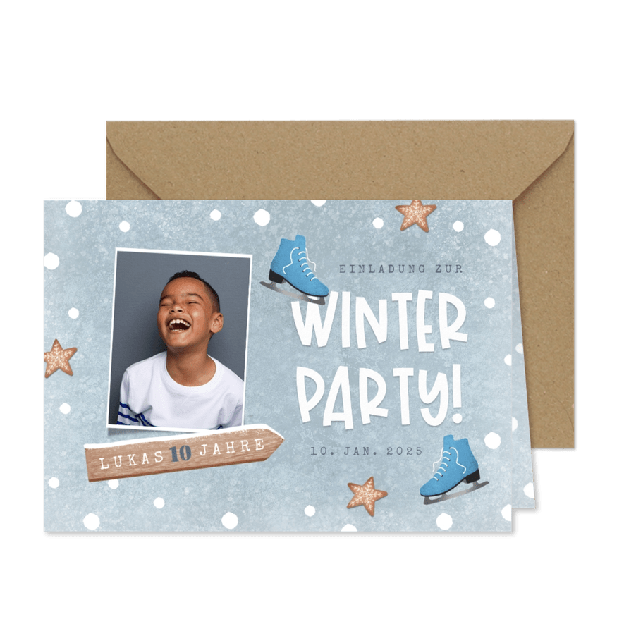Einladung 10. Kindergeburtstag Junge Winterparty Foto - Karteneindruck