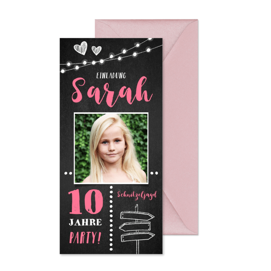 Einladung 10. Kindergeburtstag rosa Schnitzeljagd mit Foto - Karteneindruck