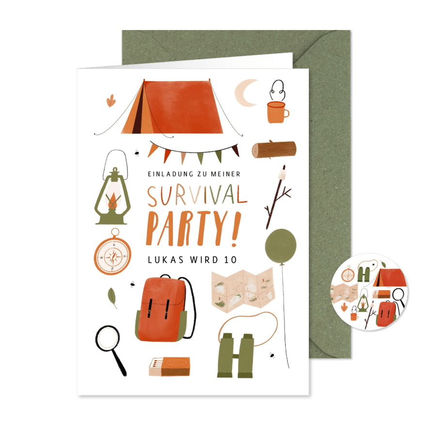 Einladung 10. Kindergeburtstag Survival-Party - Karteneindruck
