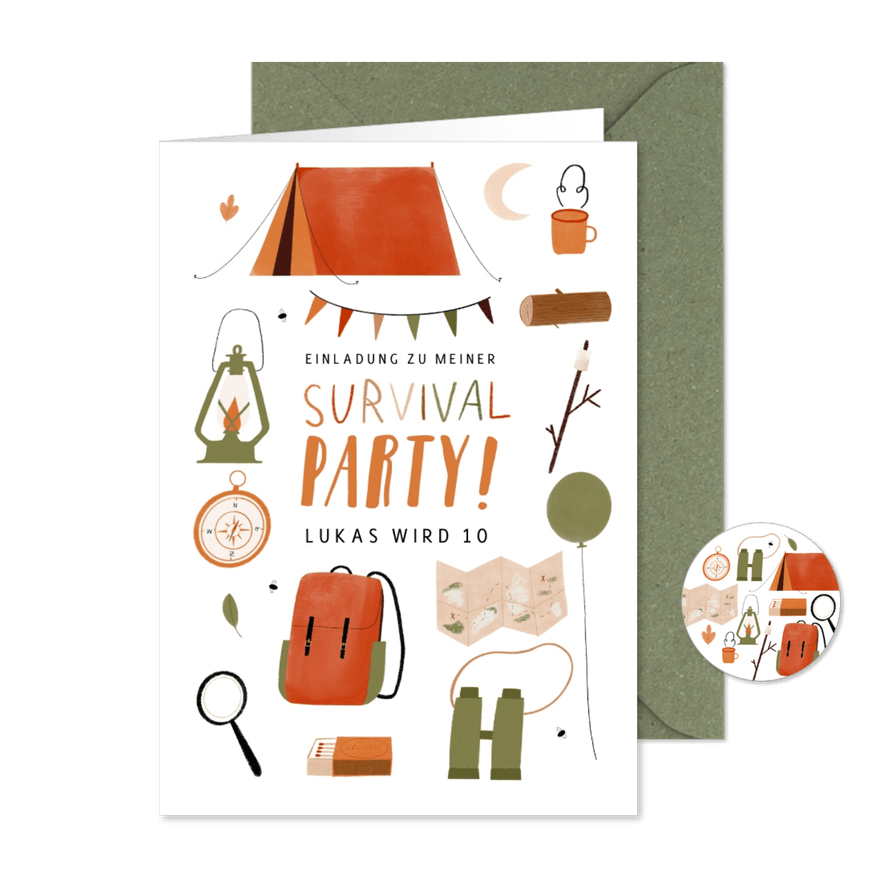 Einladung 10. Kindergeburtstag Survival-Party - Karteneindruck