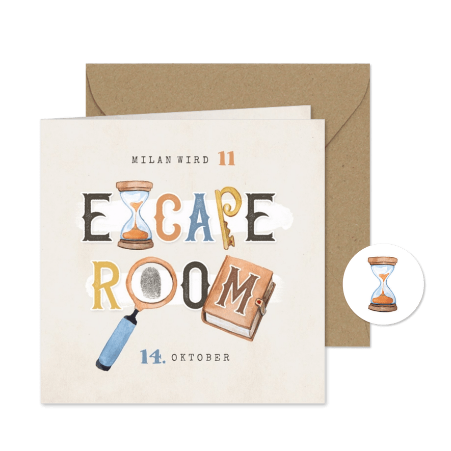 Einladung 11. Kindergeburtstag Escape Room - Karteneindruck