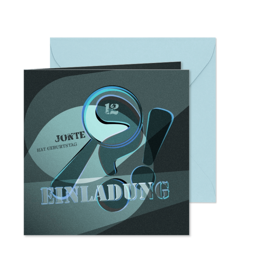 Einladung 12. Geburtstag Fragezeichen Blau Escape Room Party - Karteneindruck
