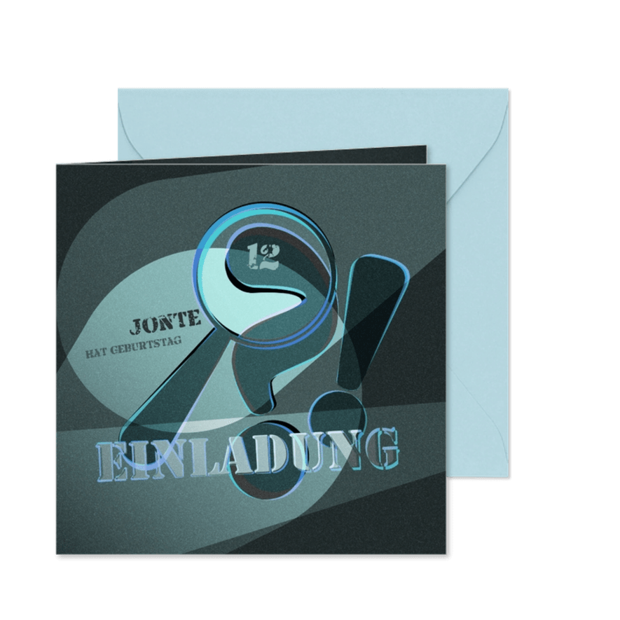 Einladung 12. Geburtstag Fragezeichen Blau Escape Room Party - Karteneindruck