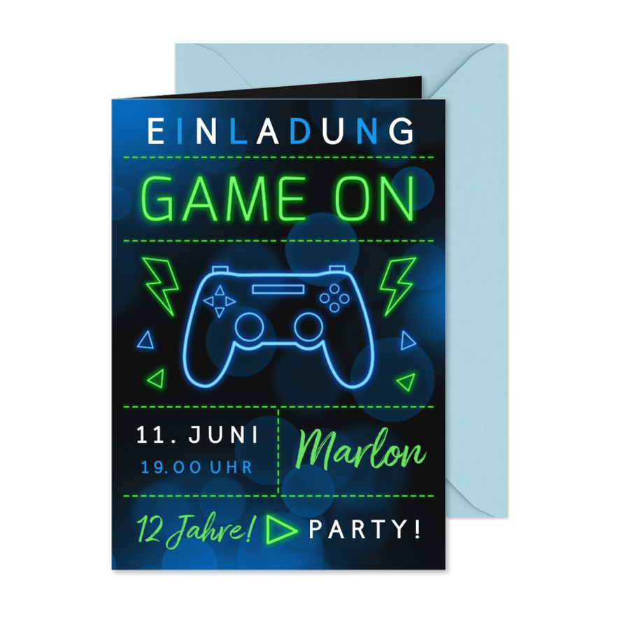Einladung 12. Kindergeburtstag Game on  - Karteneindruck
