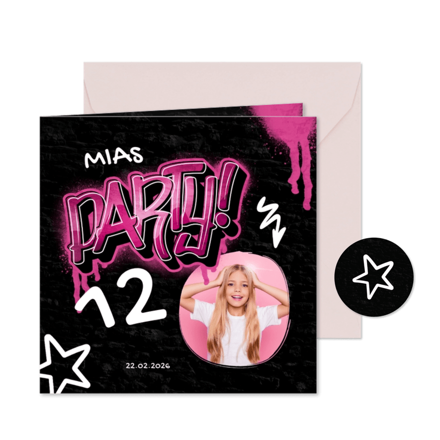 Einladung 12. Kindergeburtstag Graffiti Party mit Foto - Karteneindruck
