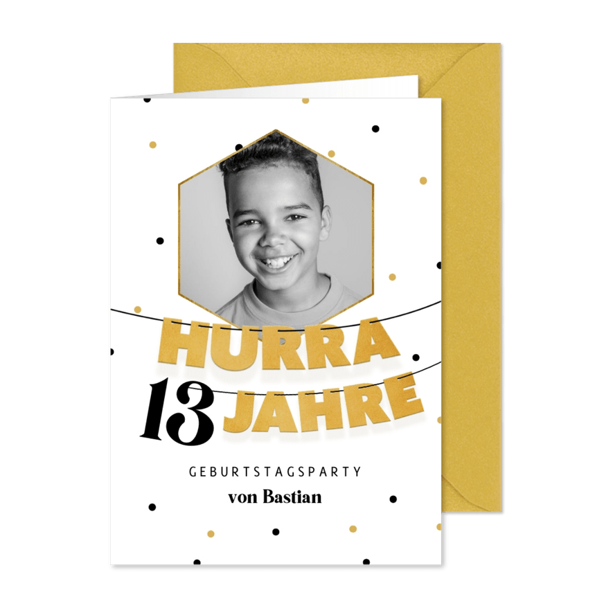 Einladung 13. Kindergeburtstag Foto und Buchstabengirlande - Karteneindruck
