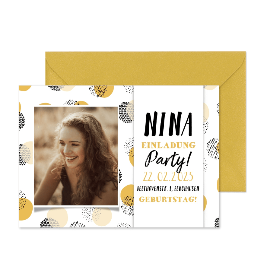 Einladung 14. Geburtstag mit Foto und Punkten - Karteneindruck
