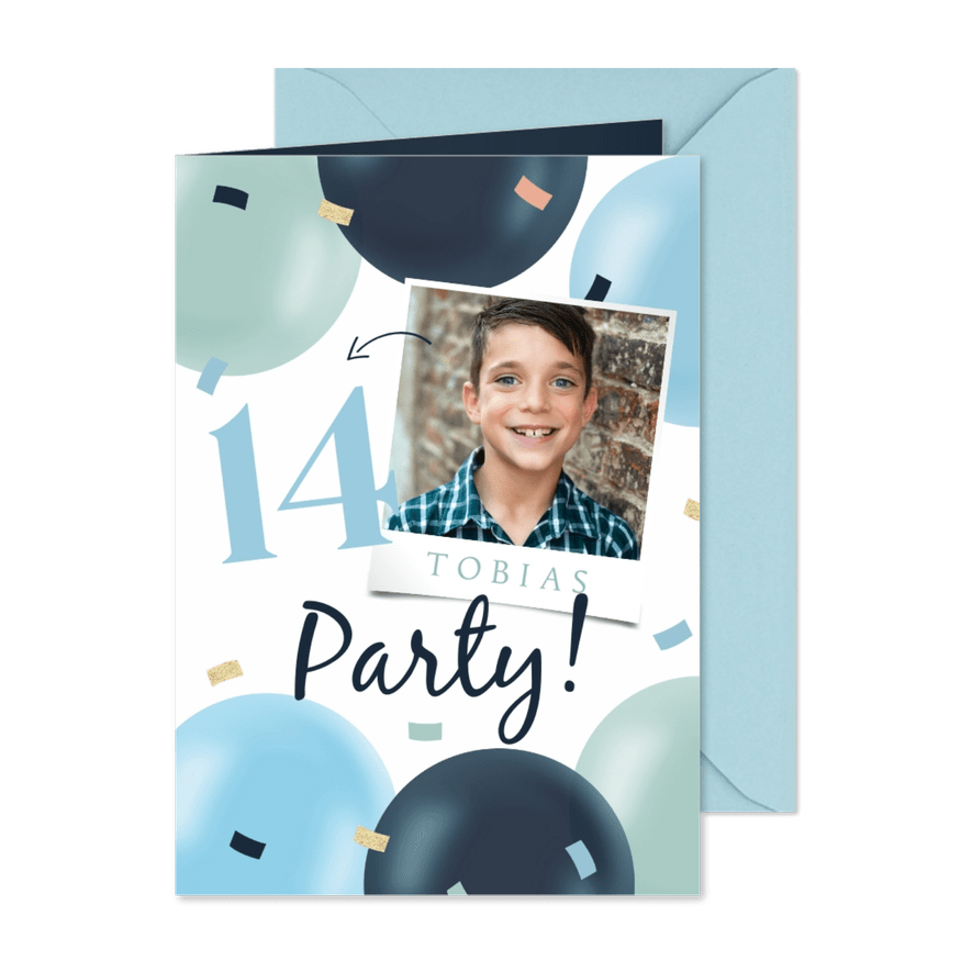 Einladung 14. Geburtstagsparty Foto und blaue Luftballons - Kartenvorschau
