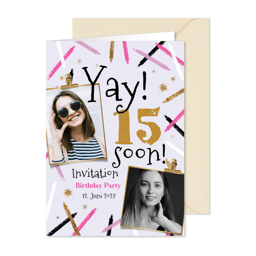 Einladung 15. Geburtstag Teenager eigene Fotos - Karteneindruck