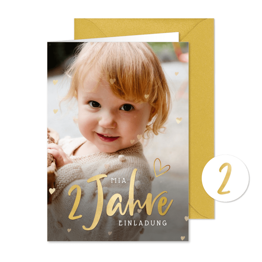 Einladung 2. Geburtstag Foto Goldlook - Karteneindruck
