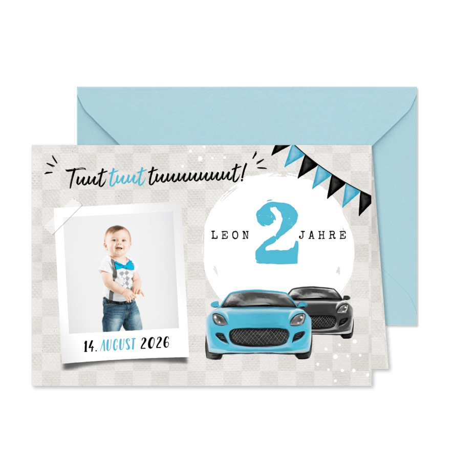 Einladung 2. Kindergeburtstag Autos und Foto - Karteneindruck