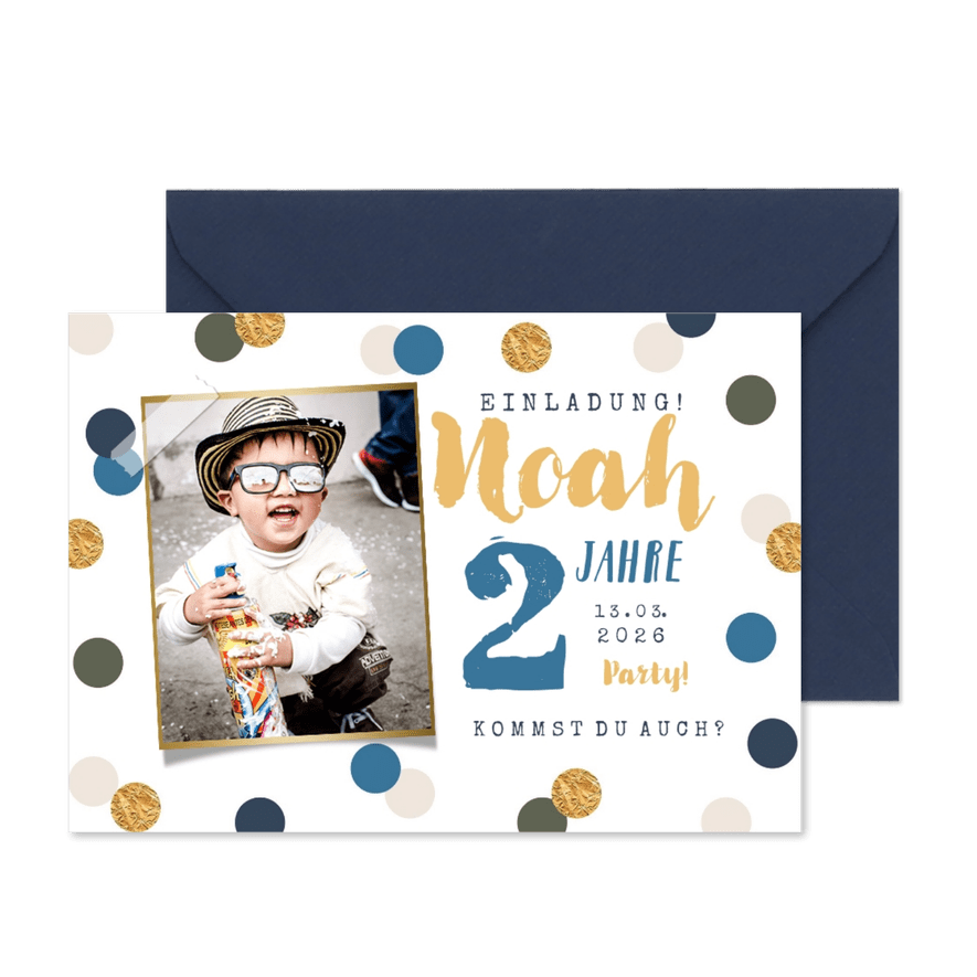 Einladung 2. Kindergeburtstag blaue Konfetti und Foto - Karteneindruck
