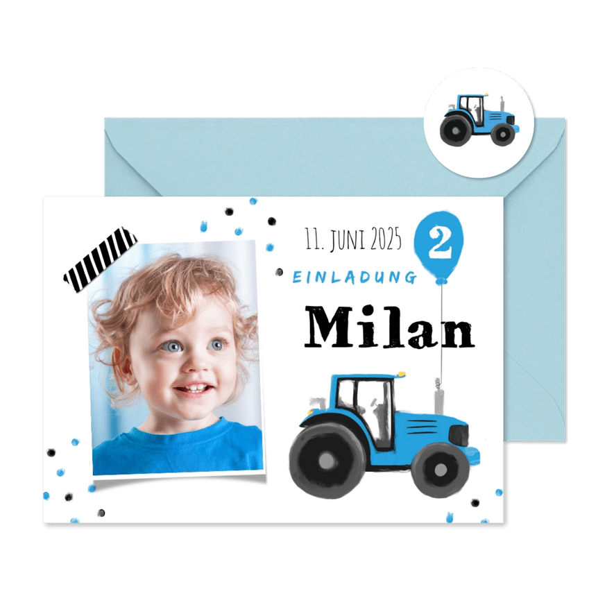 Einladung 2. Kindergeburtstag blauer Traktor und Foto - Karteneindruck