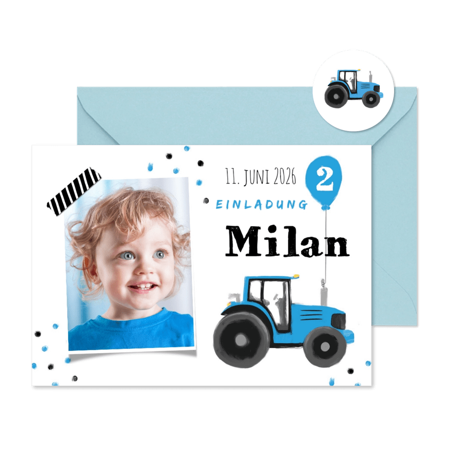 Einladung 2. Kindergeburtstag blauer Traktor und Foto - Karteneindruck
