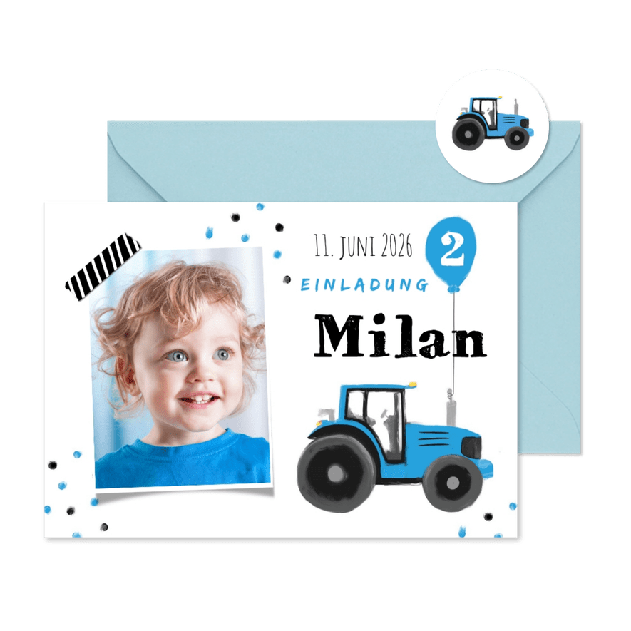 Einladung 2. Kindergeburtstag blauer Traktor und Foto - Karteneindruck
