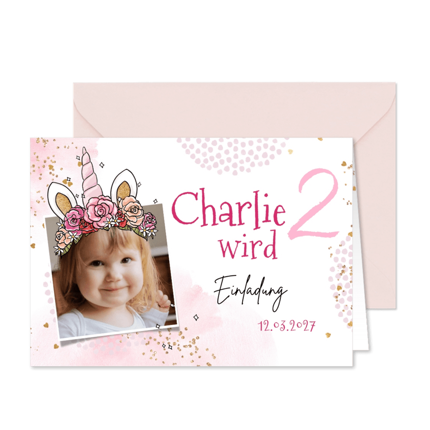 Einladung 2. Kindergeburtstag Foto mit Einhorn-Krone - Karteneindruck