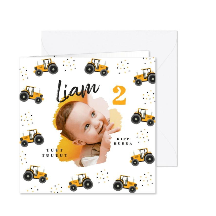Einladung 2. Kindergeburtstag gelbe Traktoren - Karteneindruck