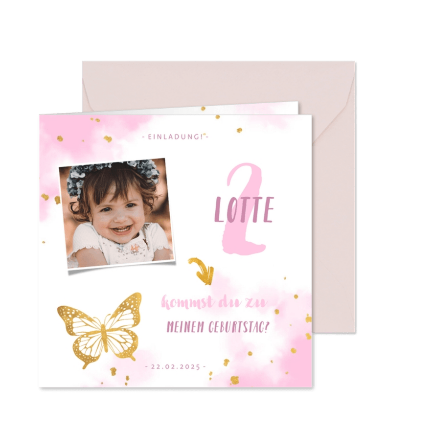 Einladung 2. Kindergeburtstag mit goldenem Schmetterling - Karteneindruck