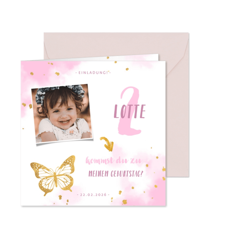 Einladung 2. Kindergeburtstag mit goldenem Schmetterling - Kartenvorschau