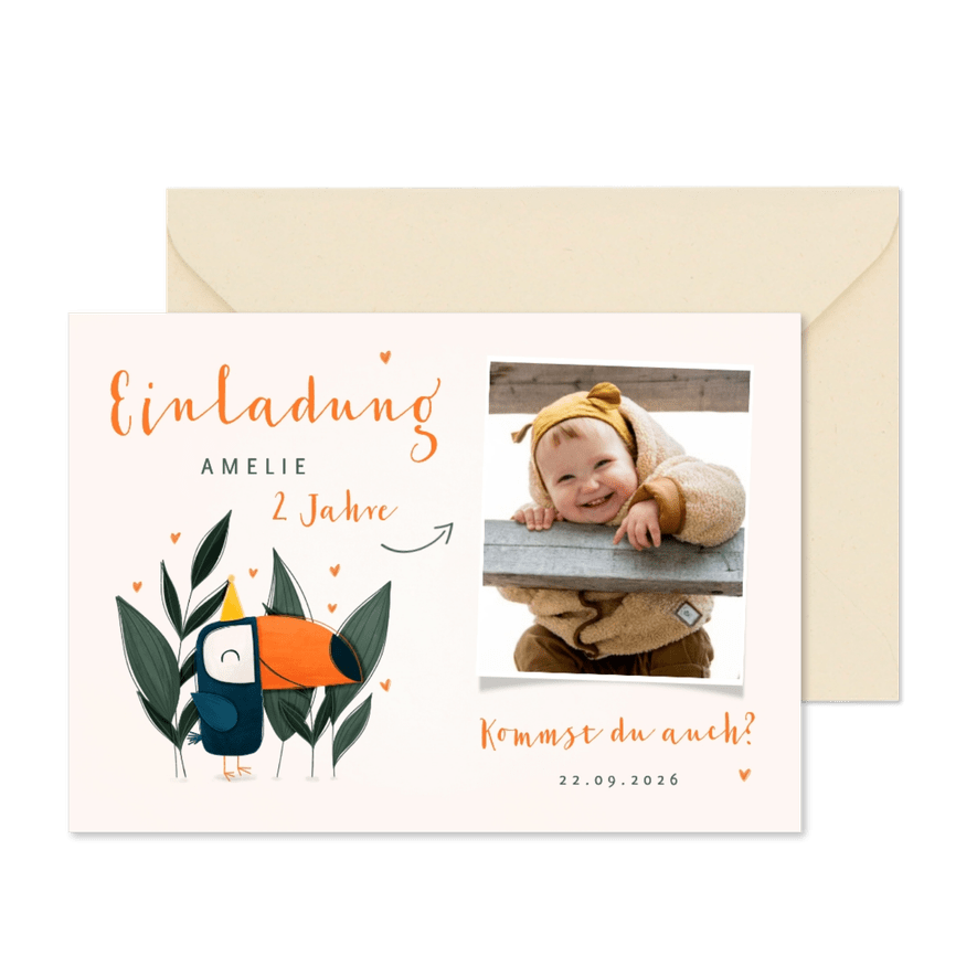 Einladung 2. Kindergeburtstag niedlicher Tukan & Foto - Karteneindruck
